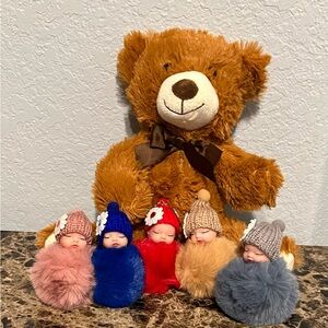 Brown Plush Teddy Bear with 5 Colorful Sleeping Dolls Keychains NWOT